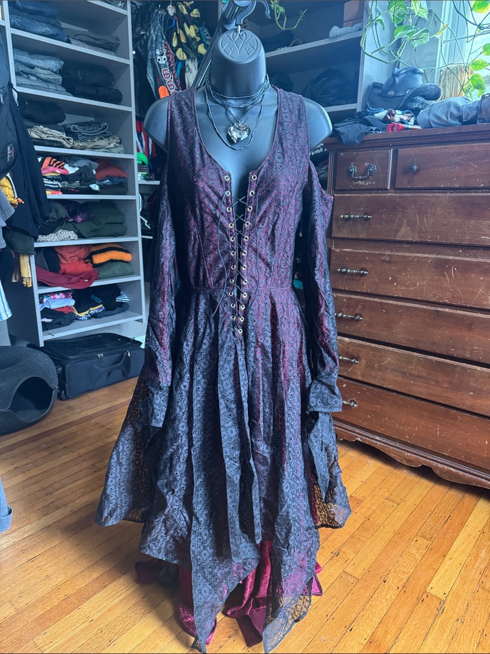 Lace-Up Gothic Bohemian Maxi Dress in Deep Burgundy and Black